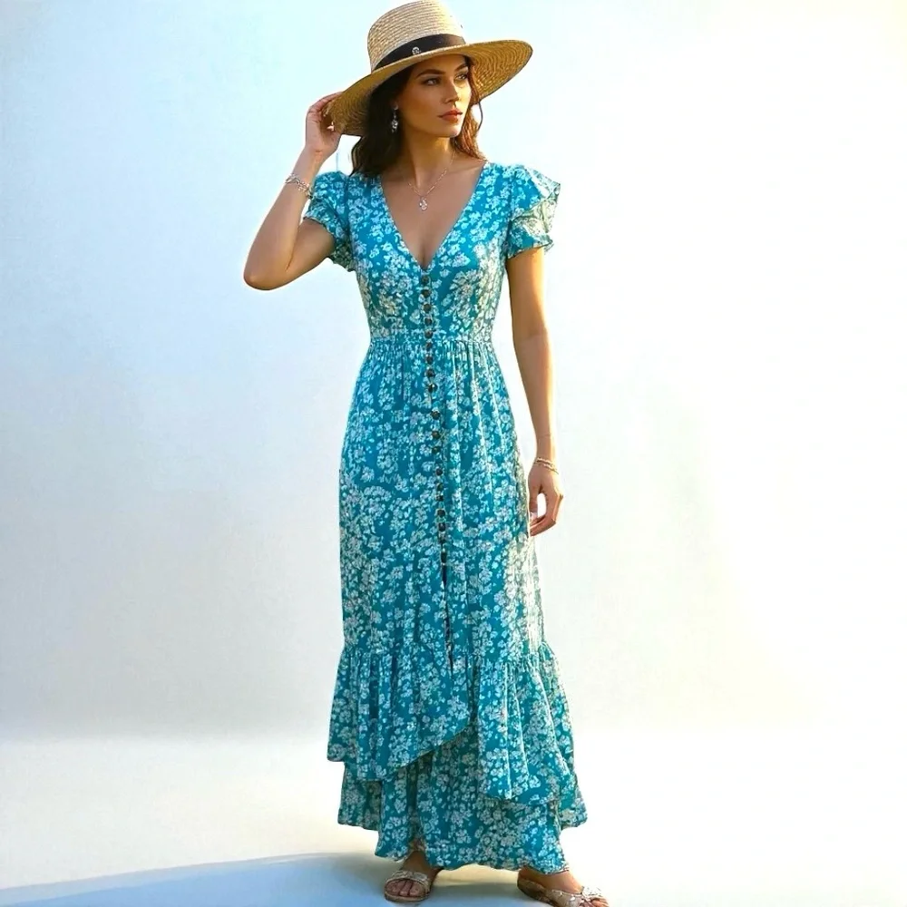 Tiare Hawaii Teal Floral Button Front Maxi Dress Ruffle Sleeve S/M NWOT